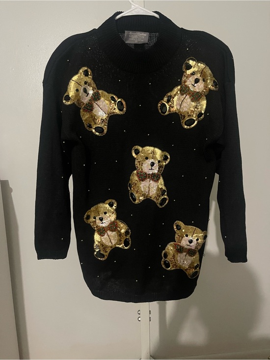 Marisa Christina Sweaters - Marisa Christina Black Sweater with Gold Sequin Teddy Appliqués